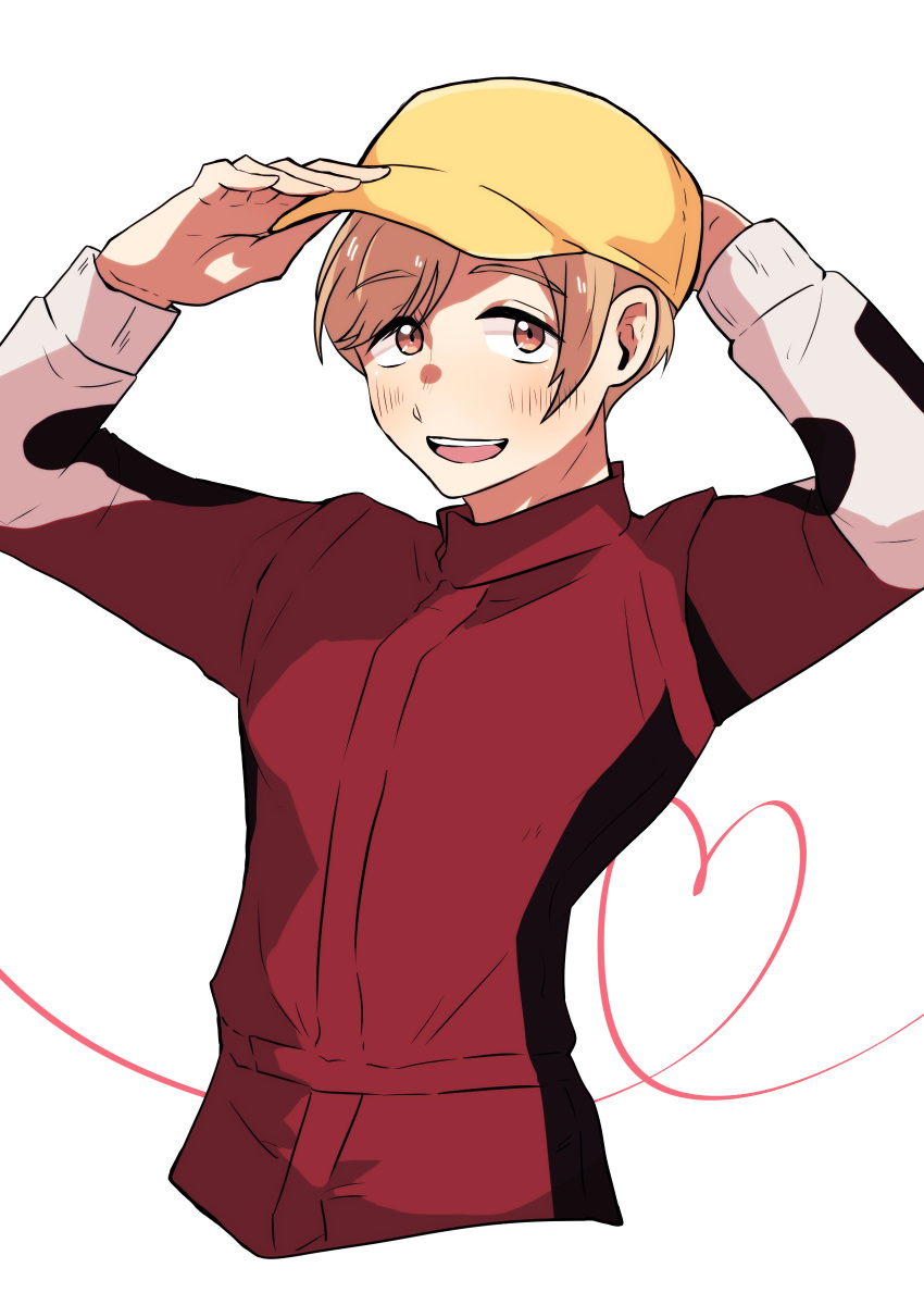 1boy absurdres adjusting_clothes adjusting_headwear arms_up blush brown_hair fu_02leo harunaga_satsuki heart highres jacket long_sleeves male_focus open_mouth overtake! red_jacket simple_background solo standing white_background yellow_headwear