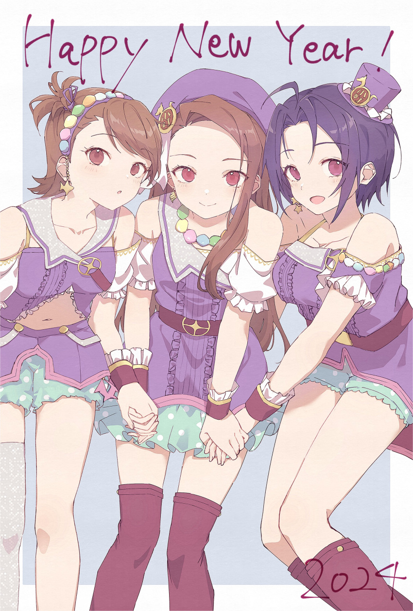 2024 3girls absurdres ahoge bare_shoulders boots brown_eyes brown_hair crop_top dress earrings futami_ami happy_new_year highres holding_hands idolmaster idolmaster_(classic) jewelry long_hair looking_at_viewer maa_(io_215) minase_iori miura_azusa multiple_girls navel necklace open_mouth purple_dress purple_hair ryuuguu_komachi_(idolmaster) short_hair shorts sitting smile swept_bangs thighhighs