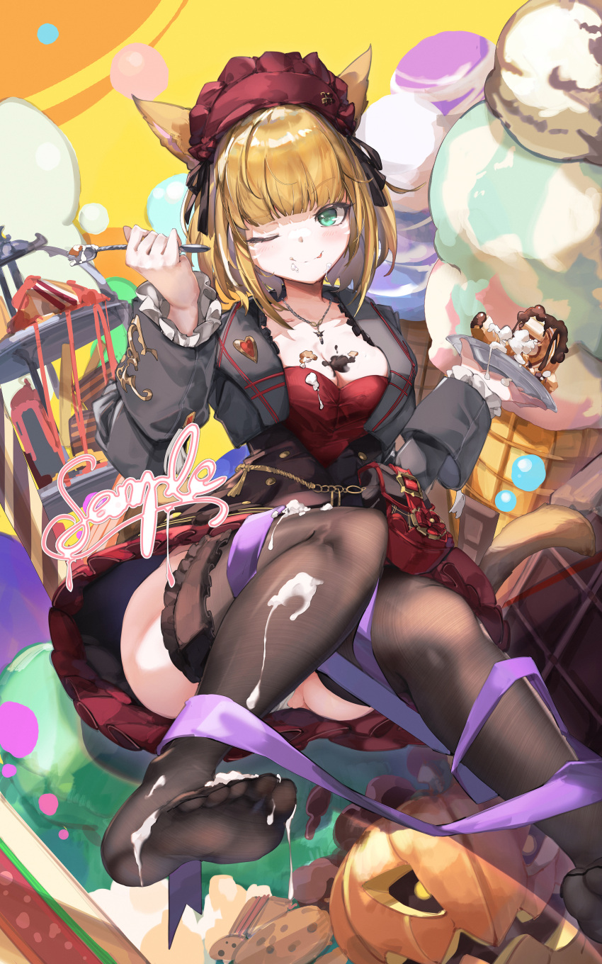 1girl absurdres animal_ears bag black_jacket black_pantyhose black_ribbon blonde_hair breasts brown_thighhighs cake cat_ears cat_tail cleavage dress eating final_fantasy final_fantasy_xiv food food_on_body food_on_breasts food_on_face fork frilled_sleeves frills full_body green_eyes hair_ribbon handbag highres holding holding_fork holding_plate ice_cream_cone jacket jewelry light_blush miqo'te necklace no_shoes one_eye_closed oversized_food oversized_object panties panty_peek pantyhose plate pleated_skirt pumpkin purple_ribbon red_dress red_headdress ribbon sample_watermark short_hair skirt soles solo strapless strapless_dress tail thighhighs tongue tongue_out underwear warrior_of_light_(ff14) watermark white_panties xun_li_eins