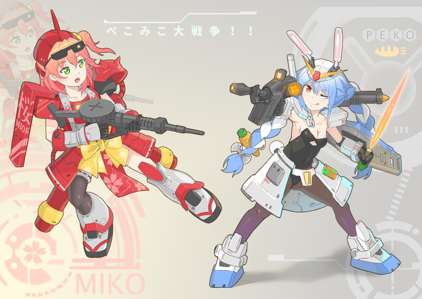 2girls :o animal_ears beam_saber black_leotard braid breasts bunny_ears carrot_hair_ornament character_name cleavage cosplay eyewear_on_head food_themed_hair_ornament green_eyes gun gundam hair_ornament highres holding holding_gun holding_weapon hololive leotard mecha_musume mechanical_ears mikochar mobile_suit_gundam multicolored_hair multiple_girls one_eye_closed open_mouth pantyhose pekodam playboy_bunny_leotard projected_inset red_hair rx-78-2 rx-78-2_(cosplay) sakura_miko side_ponytail single_legging small_breasts spikes sunglasses tongue tongue_out twin_braids usada_pekora v-fin virtual_youtuber weapon white_hair ykhiroartwok zaku_ii_s_char_custom zaku_ii_s_char_custom_(cosplay)