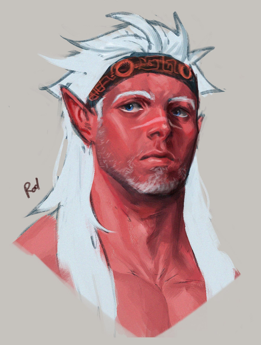 1boy adam's_apple bara beard_stubble black_headband check_copyright colored_skin copyright_request cropped_torso headband highres long_hair looking_ahead male_focus mature_male muscular muscular_male nude original pectorals pointy_ears red_skin rodrigodraws scar scar_on_face scar_on_nose solo white_hair