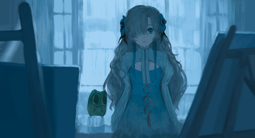 1girl blue_dress blue_eyes blue_flower blue_hair blue_theme canvas_(object) closed_mouth commentary_request dot_nose dress easel flower gomidasu_(kamitsubaki_studio) grey_hair hair_over_one_eye highres indoors isekai_joucho juliet_sleeves kamitsubaki_studio long_hair long_sleeves looking_at_viewer puffy_sleeves shrug_(clothing) sidelocks solo terurru wavy_hair window