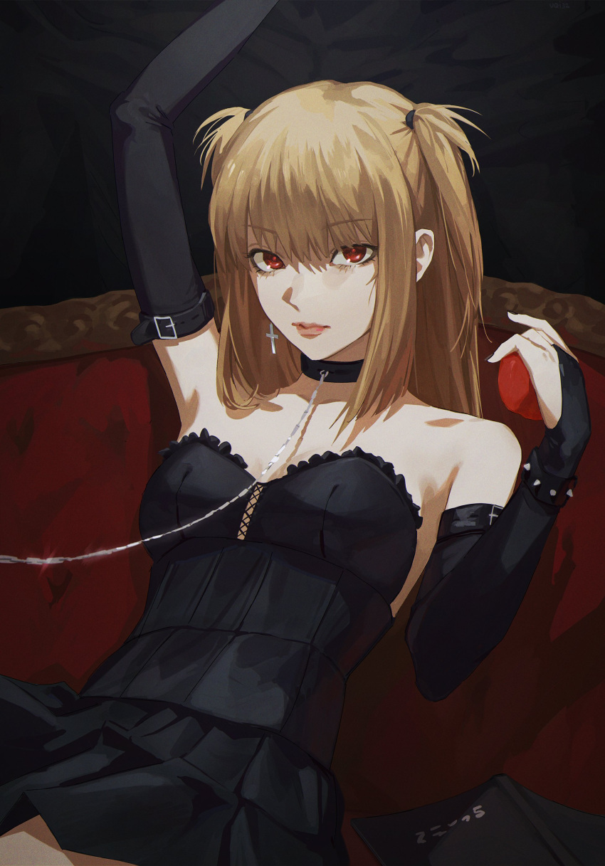 1girl absurdres amane_misa arm_up ball black_collar blonde_hair book breasts bridal_gauntlets chain chain_leash collar commentary couch cross cross_earrings death_note dress earrings highres holding holding_ball jewelry leash medium_hair pleated_dress red_eyes short_dress sitting small_breasts solo strapless strapless_dress two_side_up uqi32