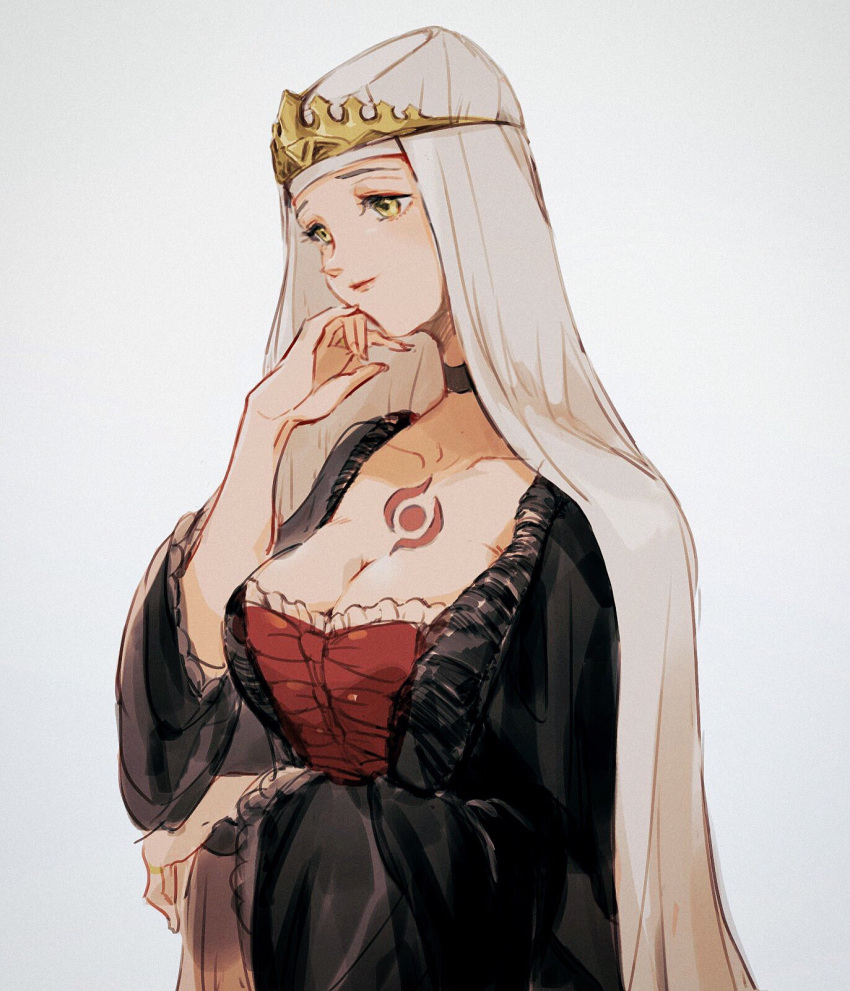 1girl amidura arm_under_breasts black_choker black_dress breasts chest_tattoo choker cleavage closed_mouth coif commentary_request crown dress fate/grand_order fate_(series) frilled_dress frills hand_on_own_chin hand_up highres korean_commentary large_breasts light_smile lips long_sleeves looking_afar looking_down red_dress sessyoin_kiara sessyoin_kiara_(festival_outfit) simple_background solo tattoo two-tone_dress upper_body white_background white_headwear white_veil wide_sleeves yellow_eyes