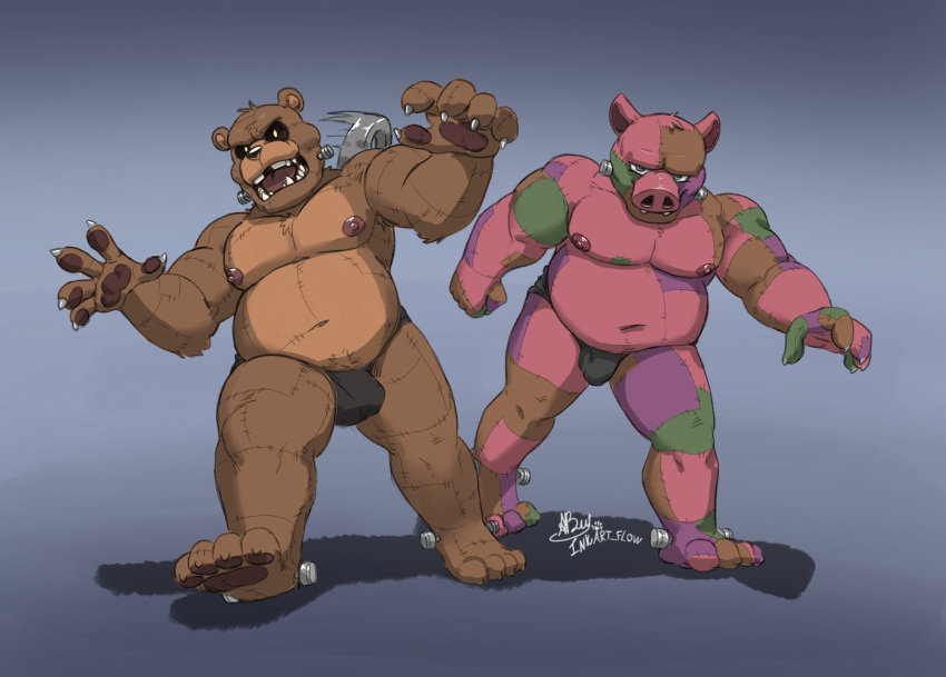 2020 abs angry anthro areola barazoku barefoot biceps blue_eyes bolts brown_body brown_fur brown_skin bubba_(fnaf) bulge chubby_anthro chubby_male claws clothed clothing dilated_pupils domestic_pig duo fangs fist five_nights_at_freddy's five_nights_at_freddy's_world foot_bolts fur green_body green_skin hi_res inkart_flow jockstrap looking_at_viewer male mammal manly mostly_nude multicolored_body multicolored_fur multicolored_skin muscular navel neck_bolts nipples open_mouth patch_(fabric) pawpads paws pecs pig_nose pink_body pink_skin pink_tongue porkpatch_(fnaf) purple_body purple_skin raised_arm round_ears sharp_claws sharp_teeth slightly_chubby suid suina sus_(pig) teeth thick_thighs toe_claws tongue triceps two_tone_body two_tone_fur underwear ursid video_games walking walking_towards_viewer wind-up_key yellow_eyes
