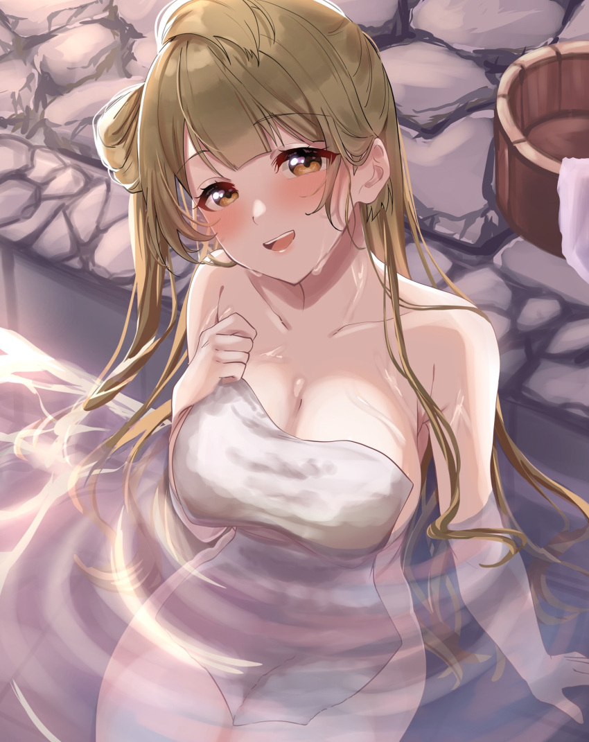 1girl bath bathing blush breasts brown_eyes brown_hair bucket cleavage collarbone commentary_request covering_privates highres holding holding_towel large_breasts long_hair looking_at_viewer love_live! love_live!_school_idol_project mei_hinamatsu minami_kotori naked_towel nude_cover one_side_up onsen open_mouth partially_submerged single_hair_ring sitting smile solo stone_floor teeth towel water wet wet_hair wet_towel white_towel wooden_bucket