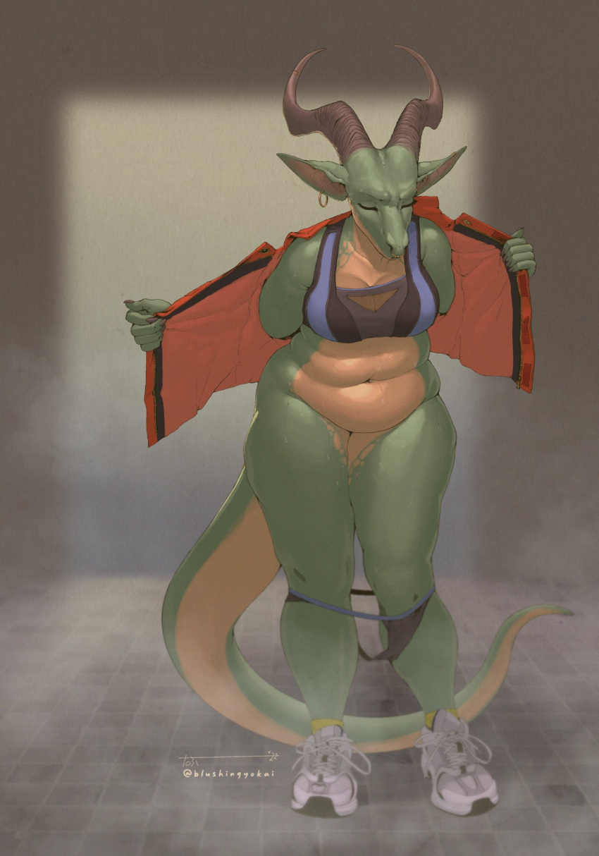 anthro blushing_yokai bra chubby_female clothed clothing dragon eyes_closed female floor footwear hi_res hidden_pussy horn long_ears long_tail multicolored_body navel overweight overweight_female panties panties_down partially_clothed scalie shoes single_earring sneakers solo sports_bra steam tail thick_thighs tile tile_floor two_tone_body underwear underwear_down undressing undressing_self
