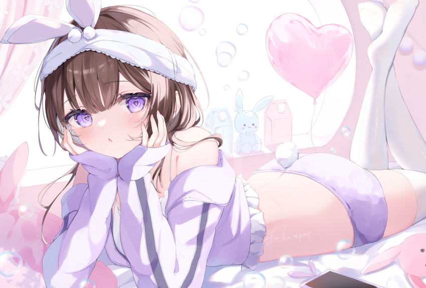 1girl balloon bubble cropped_jacket hands_on_own_cheeks hands_on_own_face heart heart-shaped_pupils heart_balloon highres jacket long_hair okomeillust open_mouth original panties purple_eyes purple_jacket purple_panties solo stuffed_animal stuffed_rabbit stuffed_toy symbol-shaped_pupils thighhighs underwear white_thighhighs