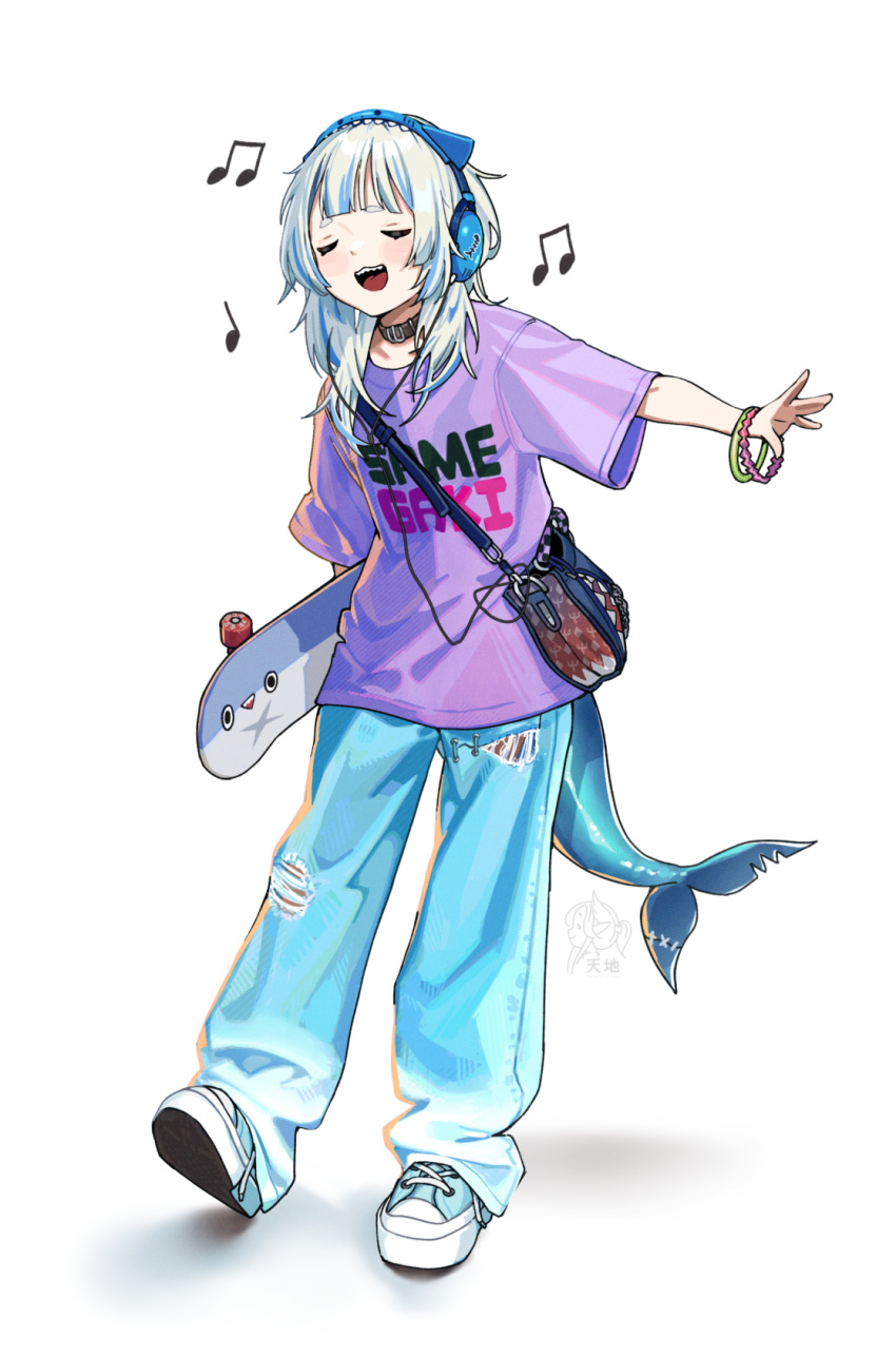 1girl alternate_costume animal_bag bag bloop_(gawr_gura) blue_hair bracelet denim eighth_note fins fish_tail full_body gawr_gura headphones highres holding holding_skateboard hololive hololive_english jeans jewelry music musical_note objectification open_mouth pants purple_shirt quarter_note shark_bag shark_print shark_tail shirt shoes shoulder_bag simple_background singing skateboard solo tail tenchi_mayo torn_clothes torn_jeans torn_pants virtual_youtuber white_background white_hair