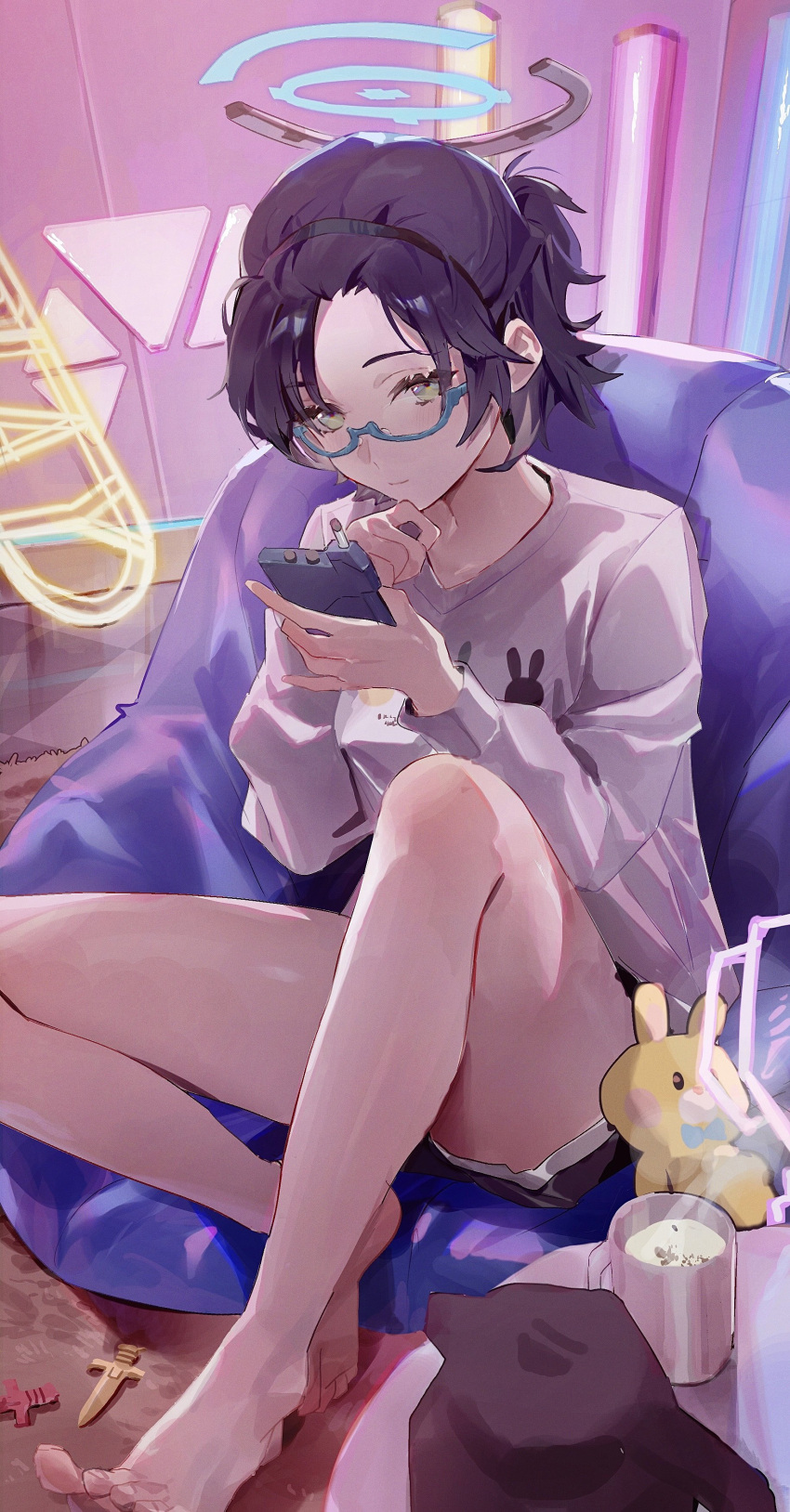 1girl absurdres barefoot black_hair black_shorts blue-framed_eyewear blue_archive blue_halo blush chihiro_(blue_archive) closed_mouth cup dolphin_shorts flatshi glasses green_eyes halo highres holding indoors long_sleeves official_alternate_costume shirt short_hair shorts solo white_shirt