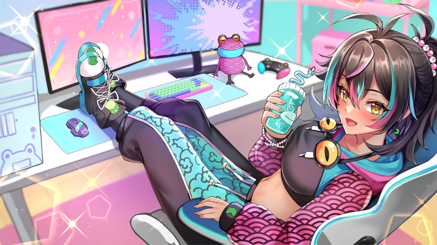 1girl antenna_hair aqua_hair black_footwear black_hair black_pants blue_jacket blurry blurry_background blush breasts chair commission computer controller crop_top cup dark-skinned_female dark_skin earrings feet_on_table game_controller gaming_chair highres holding holding_cup indie_virtual_youtuber jacket jewelry jirafuru keyboard_(computer) midriff monitor mouse_(computer) multicolored_clothes multicolored_footwear multicolored_hair multicolored_jacket multicolored_pants navel neon_harper on_chair open_mouth pants pink_hair pink_jacket pink_sleeves shoes sitting solo streaked_hair swivel_chair virtual_youtuber yellow_eyes