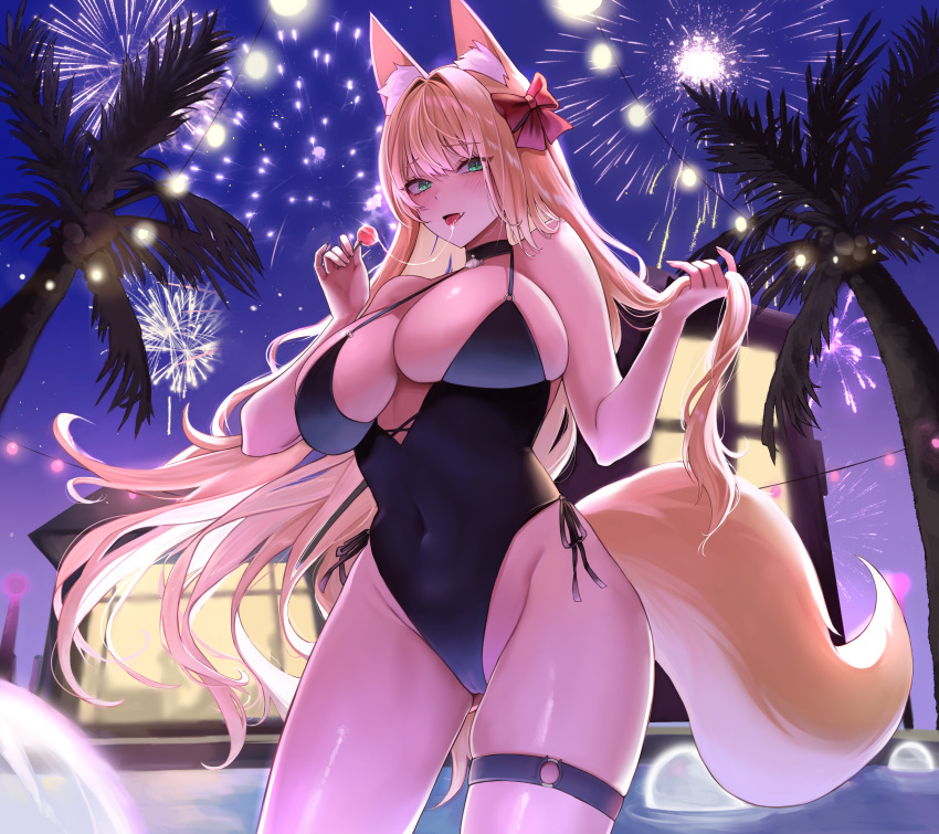 1girl absurdres aerial_fireworks animal_ear_fluff animal_ears ass_visible_through_thighs black_choker black_one-piece_swimsuit bow breasts candy casual_one-piece_swimsuit choker commentary_request commission covered_navel cowboy_shot fang fankey fireworks floating_hair food fox_ears fox_girl fox_tail green_eyes hair_between_eyes hair_bow halterneck highleg highleg_swimsuit highres holding holding_candy holding_food holding_hair holding_lollipop house korean_commentary large_breasts large_tail lollipop long_hair looking_at_viewer night o-ring o-ring_thigh_strap one-piece_swimsuit original outdoors palm_tree parted_lips pendant_choker pixiv_commission pool red_bow saliva saliva_trail side-tie_swimsuit solo standing swimsuit tail thigh_strap tongue tongue_out tree very_long_hair wading water