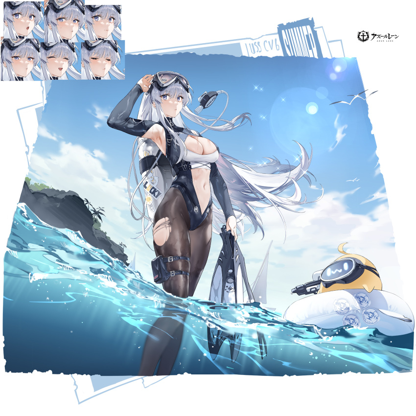 1girl areola_slip arm_up armpit_cutout armpits azur_lane black_pantyhose black_wetsuit bodysuit breasts center_opening clothing_cutout diving_mask diving_mask_on_head diving_regulator diving_suit enterprise_(azur_lane) enterprise_(diving_under_blue_skies)_(azur_lane) flippers goggles goggles_on_head highres kurumi_(recycllamo) large_breasts manjuu_(azur_lane) official_alternate_costume official_art oxygen_tank pantyhose purple_eyes scuba scuba_gear scuba_tank solo torn_clothes torn_pantyhose water wetsuit