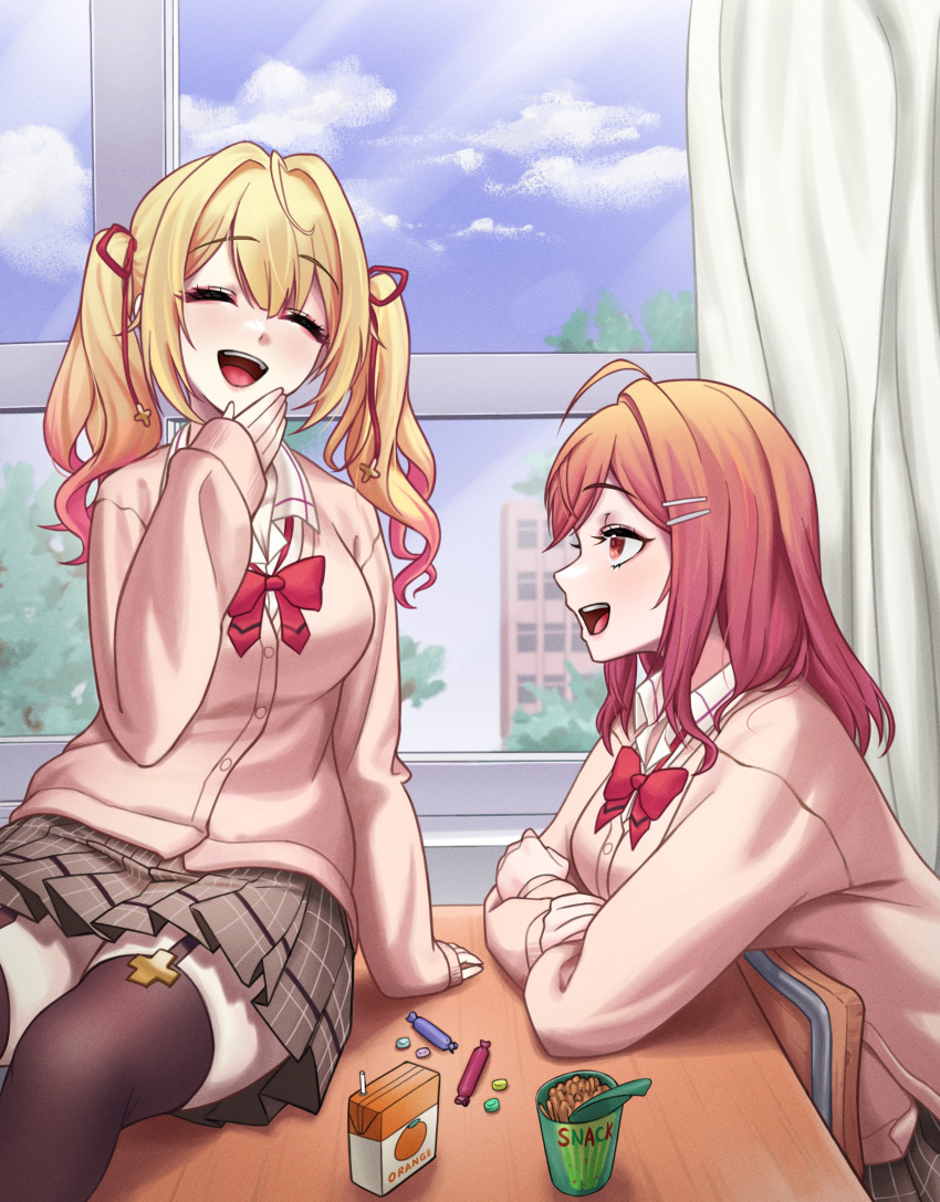 2girls absurdres ahoge black_thighhighs blonde_hair bow candy closed_eyes desk food garter_straps gimon gyaru highres hololive hololive_dev_is hoshikawa_sara ichijou_ririka juice_box laughing multiple_girls nijisanji on_desk orange_eyes orange_hair plaid plaid_skirt red_bow school school_uniform sitting sitting_on_desk skirt snack thighhighs twintails virtual_youtuber window