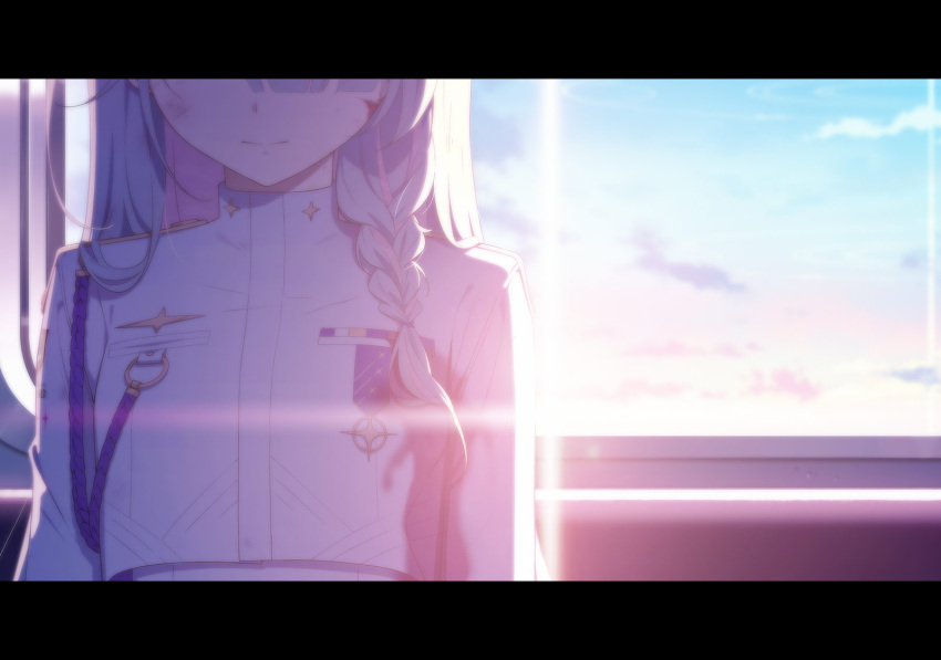 1girl aiguillette blood blood_on_clothes blood_on_face blue_archive blue_hair braid closed_mouth colored_inner_hair diffraction_spikes epaulettes game_cg general_student_council_president_(blue_archive) head_out_of_frame highres jacket lens_flare letterboxed long_hair long_sleeves medal military_uniform multicolored_hair non-web_source official_art pink_hair single_braid sitting solo two-tone_hair uniform upper_body white_jacket
