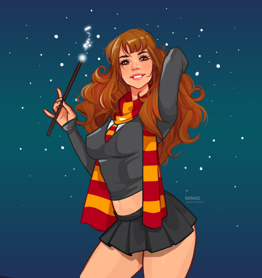1girl arm_up artist_name black_shirt black_skirt breasts brown_hair cowboy_shot grin hand_up harry_potter_(series) hermione_granger highres holding holding_wand large_breasts long_hair long_sleeves necktie olena_minko red_necktie scarf shirt skirt sleeves_past_wrists smile solo striped_clothes striped_necktie striped_scarf teeth wand watermark wizarding_world