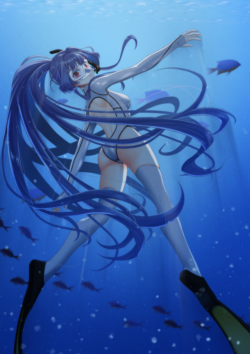 1girl absurdres air_bubble ass back blue_hair bodysuit bubble closed_mouth diving diving_mask diving_suit fish flippers floating floating_hair freediving from_behind goggles highleg highleg_leotard highres holding_breath leotard long_bangs long_hair long_sleeves looking_at_viewer original ponytail red_eyes skin_tight sleeves_past_wrists smile snorkel solo submerged swimming thighhighs underwater very_long_hair water wetsuit white_leotard white_thighhighs
