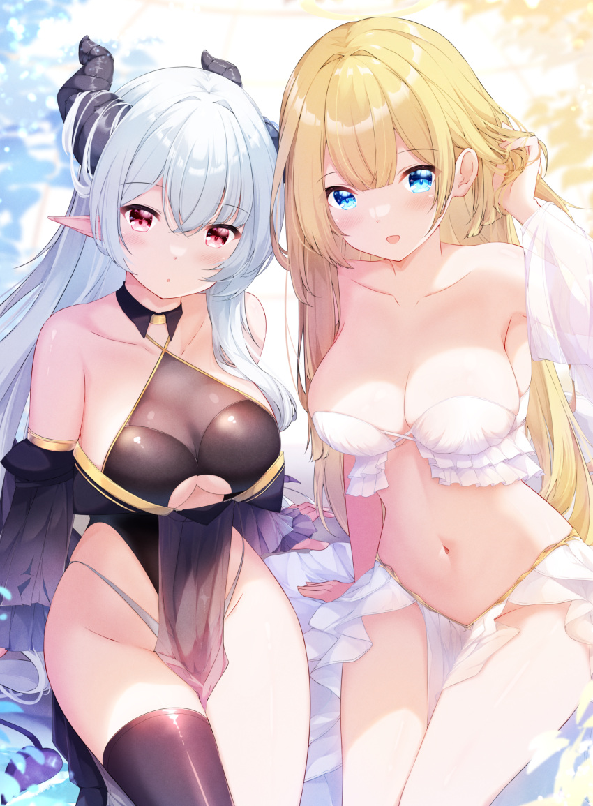 2girls absurdres armpits bare_shoulders black_leotard black_thighhighs blonde_hair blue_eyes breasts cleavage clothing_cutout collarbone criss-cross_halter demon_girl demon_horns detached_sleeves feathers frills fuuna halterneck hand_up highleg highleg_leotard highres horns large_breasts leotard long_hair long_sleeves looking_at_viewer midriff miniskirt multiple_girls navel no_panties open_mouth original panties parted_lips pelvic_curtain pointy_ears red_eyes revealing_clothes single_thighhigh skindentation skirt smile spaghetti_strap stomach strapless string_panties thighhighs thighs underboob underboob_cutout underwear white_hair white_panties white_skirt