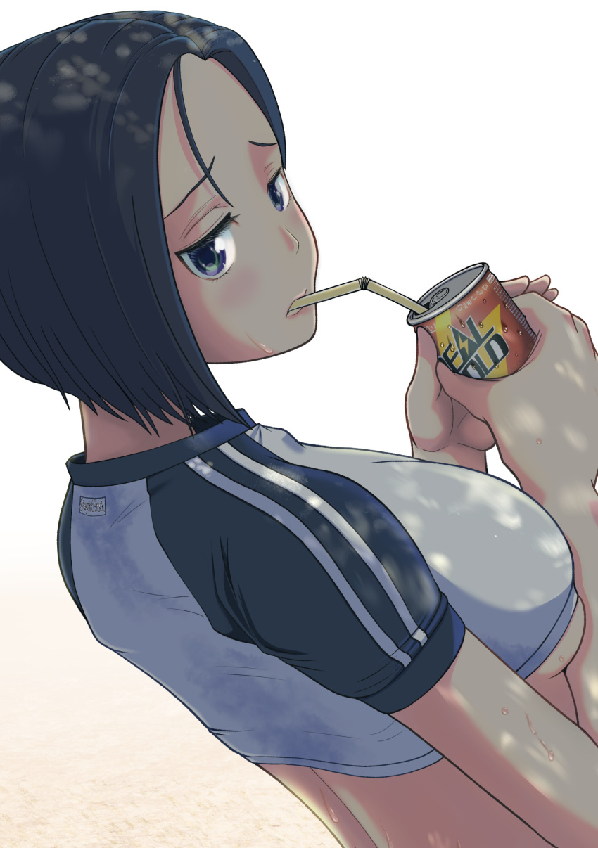 1girl back black_hair blue_eyes blush breasts buruma can check_commentary close-up commentary_request crop_top day drink drink_can drinking drinking_straw drinking_straw_in_mouth from_behind gradient_background gym_uniform hayato_rock highres holding holding_can looking_back medium_breasts original outdoors parted_bangs shade shadow short_hair short_sleeves solo sportswear standing sweat sweat_stain underboob