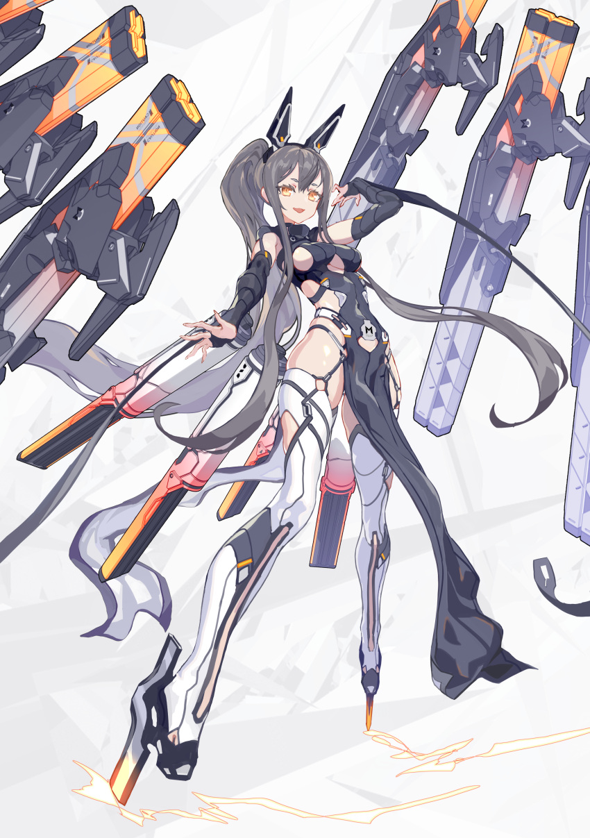 1girl :d absurdres arm_up bare_shoulders black_dress boots breasts bridal_gauntlets cancell close-up clothing_cutout covered_navel dress full_body grey_hair headgear highres long_hair looking_at_viewer mecha_musume mechanical_wings medium_breasts open_mouth orange_eyes original pelvic_curtain ponytail revealing_clothes side_cutout sideboob sidelocks sleeveless sleeveless_dress smile solo stomach_cutout thigh_boots thighhighs thighs underboob underboob_cutout very_long_hair white_footwear wings