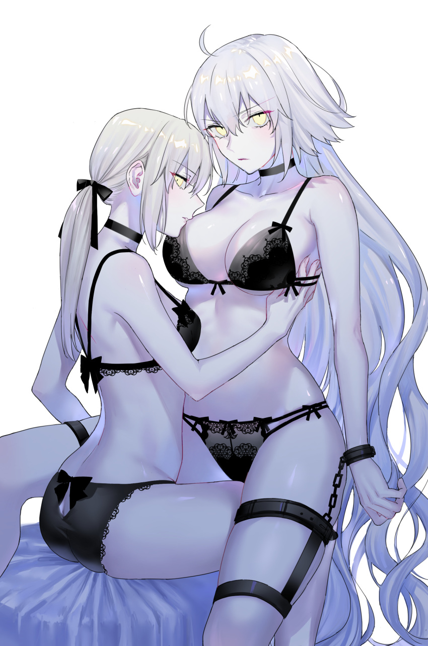 2girls absurdres ahoge artoria_pendragon_(all) bangs blonde_hair bra breasts choker cleavage closed_mouth commentary couple cuffs eyebrows_visible_through_hair eyes_visible_through_hair fate/grand_order fate_(series) hair_between_eyes hair_ribbon hand_under_clothes handcuffs highres jeanne_d'arc_(alter)_(fate) jeanne_d'arc_(fate)_(all) lingerie long_hair multiple_girls nipi27 on_bed pale_skin panties ponytail profile ribbon saber_alter short_hair sidelocks silver_hair simple_background sitting sitting_on_bed thigh_strap underboob underwear very_long_hair white_background yellow_eyes yuri