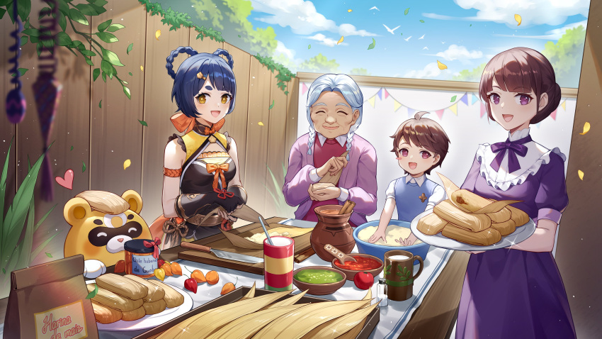 1boy 3girls absurdres artist_request blue_hair blue_sky braid brown_hair character_request child chinese_clothes dress fingerless_gloves flour food genshin_impact gloves guoba_(genshin_impact) hair_ornament highres holding holding_plate jar multiple_girls official_art old old_woman open_mouth plate purple_dress purple_eyes second-party_source short_hair sky smile spanish_text twin_braids xiangling_(genshin_impact) yellow_eyes