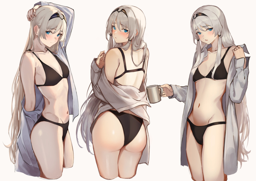 1girl 3_small_spiders absurdres an-94_(girls'_frontline) ass bikini black_bikini black_hairband blue_eyes blush breasts collared_shirt commentary_request cropped_legs cup girls'_frontline grey_hair hairband highres holding holding_cup long_hair long_sleeves looking_at_viewer mug multiple_views navel open_clothes open_shirt shirt sidelocks simple_background small_breasts swimsuit very_long_hair white_background white_shirt