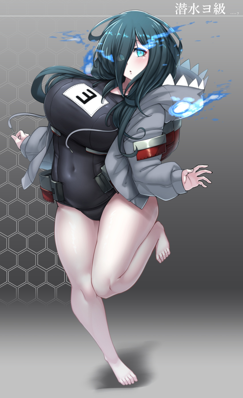 1girl absurdres abyssal_ship aqua_eyes bangs bare_legs barefoot black_hair black_swimsuit blush breasts commentary_request covered_navel eyebrows_visible_through_hair eyes_visible_through_hair glowing glowing_eyes hair_over_one_eye highres hood hood_down hoodie huge_breasts jacket kantai_collection konoshige_(ryuun) leg_up long_hair long_sleeves looking_at_viewer one-piece_swimsuit open_mouth pale_skin rigging school_swimsuit simple_background solo standing standing_on_one_leg swimsuit yo-class_submarine