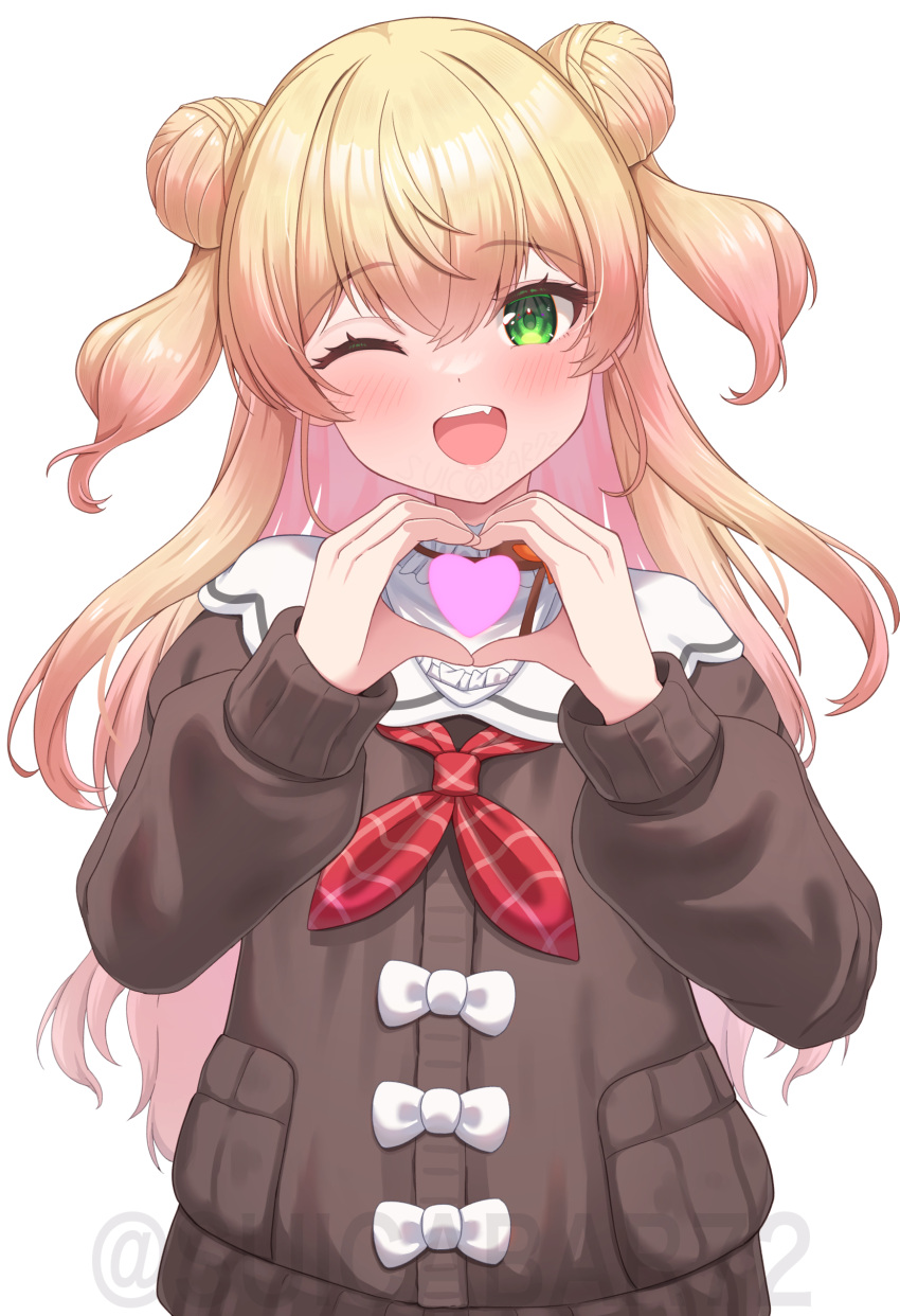 1girl ;d absurdres blonde_hair blush brown_cardigan cardigan commentary_request double-parted_bangs double_bun fang green_eyes hair_between_eyes hair_bun heart heart_hands highres hololive long_hair long_sleeves looking_at_viewer momosuzu_nene momosuzu_nene_(casual) neckerchief official_alternate_costume one_eye_closed open_mouth red_neckerchief sailor_collar shirt simple_background smile solo suicabar72 twitter_username two_side_up upper_body virtual_youtuber watermark white_background white_sailor_collar white_shirt