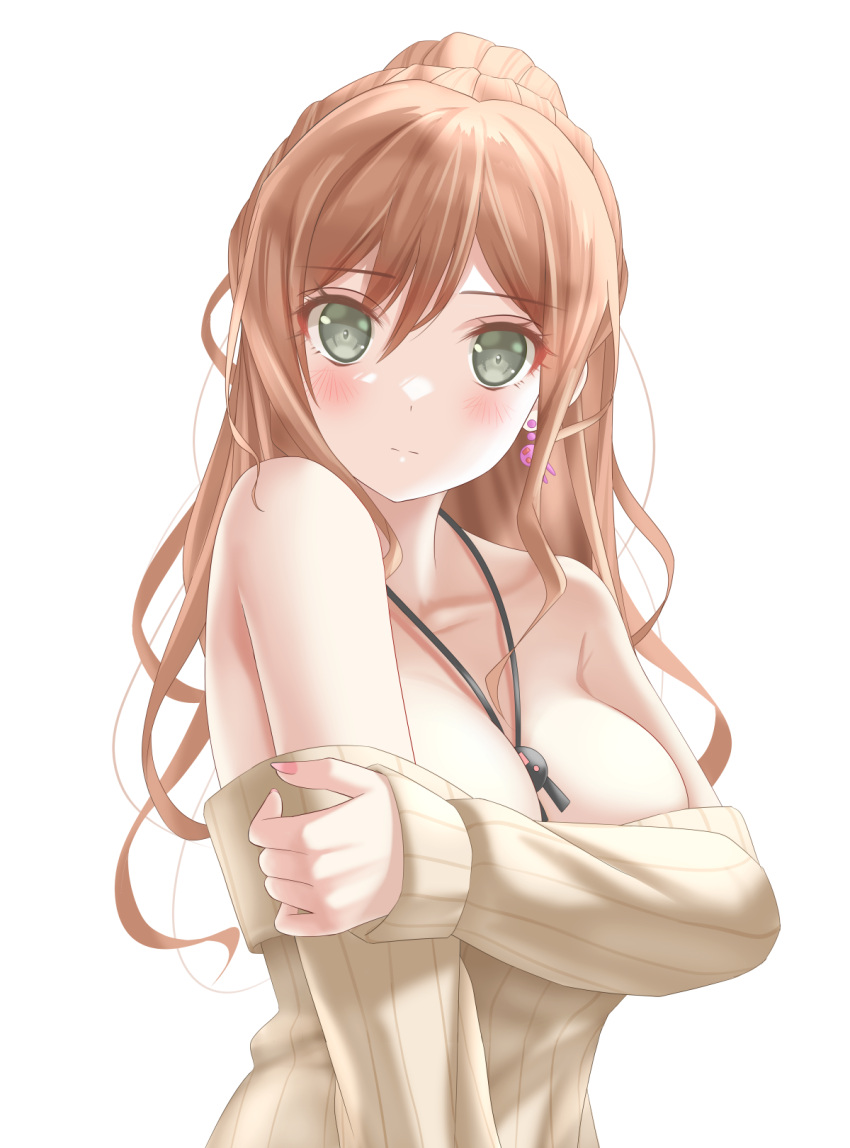 1girl armpit_crease bang_dream! bare_shoulders between_breasts blush breasts brown_hair brown_sweater closed_mouth collarbone commentary earrings fingernails green_eyes hair_between_eyes half_updo hand_on_own_arm hand_up highres imai_lisa jewelry large_breasts long_hair long_sleeves looking_at_viewer necklace off-shoulder_sweater off_shoulder pendant rabbit_earrings sidelocks simple_background sleeves_past_wrists solo sweater symbol-only_commentary totoshion upper_body wavy_hair white_background