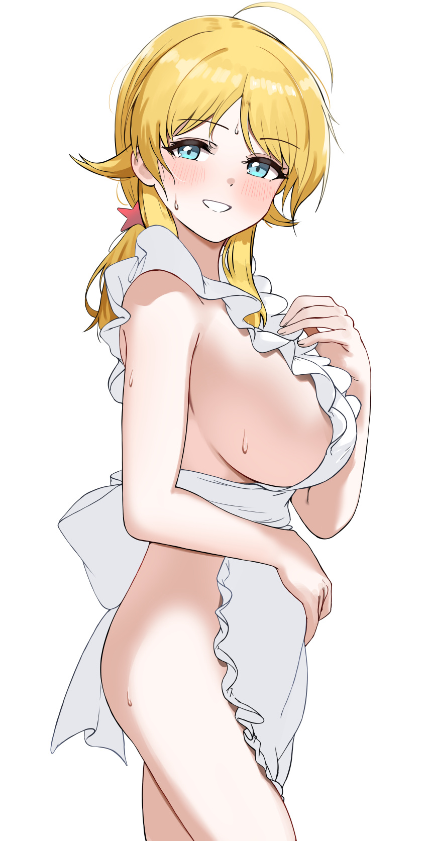 1girl absurdres ahoge alternate_costume apron blonde_hair blue_eyes blush breasts hachimiya_meguru highres idolmaster idolmaster_shiny_colors large_breasts long_hair looking_at_viewer low_twintails naked_apron pdal_(pdalhhh) sideboob simple_background smile solo sweat twintails white_apron white_background