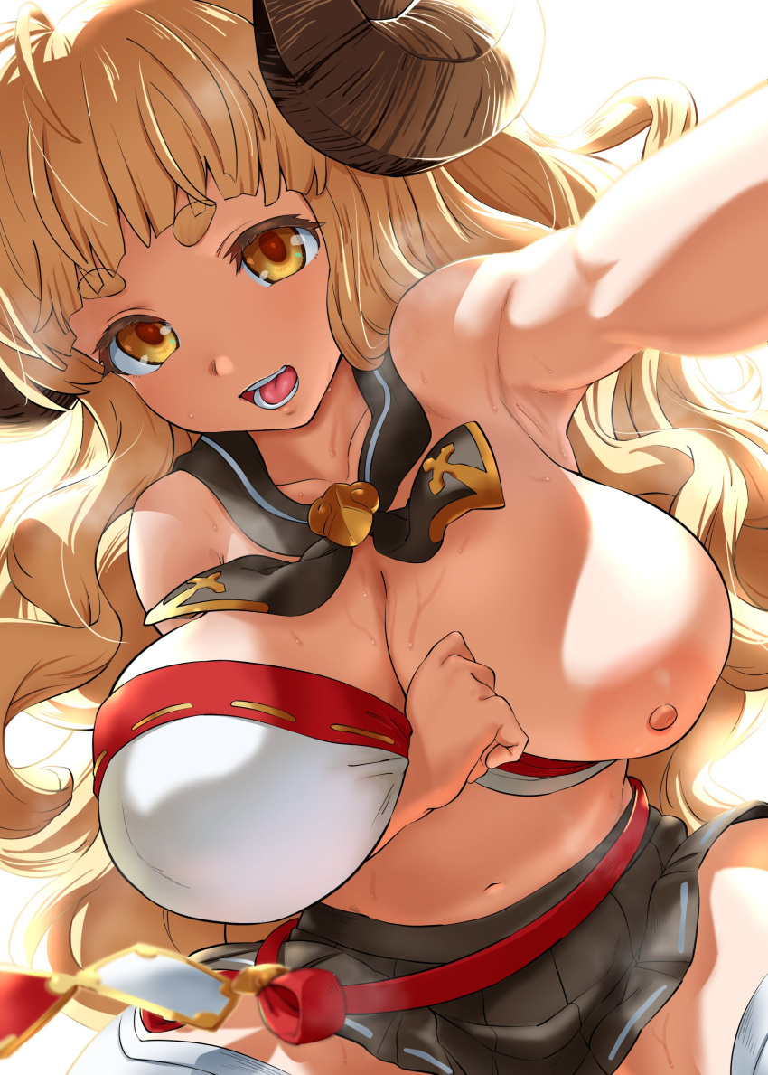 1girl absurdres anila_(granblue_fantasy) armpits black_skirt blonde_hair breasts draph eyebrows_visible_through_hair granblue_fantasy highres horns large_breasts long_hair nipples open_mouth self_shot sheep_horns simple_background skirt solo sugoihi sweat teeth thick_eyebrows thighhighs white_background white_legwear yellow_eyes