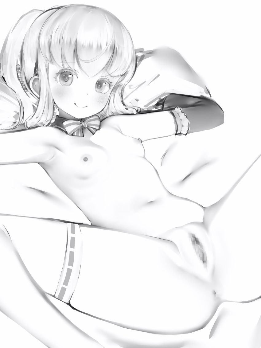 1girl absurdres anus armpits bed_sheet blush bow bowtie breasts censored copyright_request detached_collar elbow_gloves gloves greyscale highres looking_at_viewer lying monochrome mosaic_censoring nanashi_(nlo) navel nipples nude on_back pillow ponytail pussy simple_background small_breasts smile solo spread_legs striped_bow striped_bowtie striped_clothes