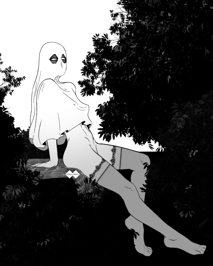 1girl arm_support artist_logo artist_name ass blank_eyes bottomless breasts covered_nipples facing_viewer feet from_side full_body ghost_costume godiva_ghoul greyscale groin highres leaf leaning_back legs linea_alba monochrome original outdoors outstretched_leg perky_breasts plant screentones see-through see-through_legwear sheet_ghost sitting small_breasts solo stomach thighhighs toes tree