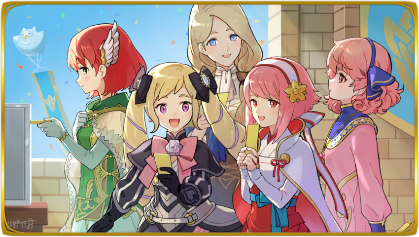 5girls ballot ballot_box black_ribbon blonde_hair blue_eyes blue_ribbon brown_hair brown_robe drill_hair elise_(fire_emblem) fire_emblem fire_emblem:_the_blazing_blade fire_emblem:_three_houses fire_emblem_echoes:_shadows_of_valentia fire_emblem_fates fire_emblem_heroes flower_brooch fluffy_hair genny_(fire_emblem) gloves hair_ribbon hairband healer japanese_clothes jewelry kitano_ririo light_brown_hair long_hair mercedes_von_martritz multiple_girls open_mouth pendant pink_hair priscilla_(fire_emblem) purple_eyes red_eyes ribbon robe sakura_(fire_emblem) short_hair smile tall_female trait_connection twin_drills twintails white_gloves white_hairband wing_hair_ornament