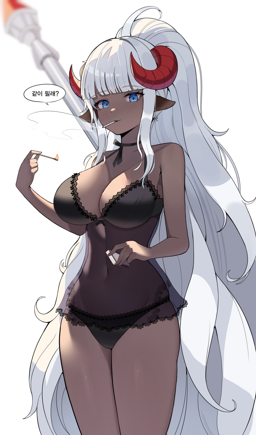 1girl absurdly_long_hair absurdres animal_ears babydoll big_hair black_babydoll black_panties black_ribbon blue_eyes blunt_bangs breasts cigarette commission dalgam12 dark-skinned_female dark_skin fire high_ponytail highres horns korean_text lace-trimmed_babydoll lace-trimmed_panties lace_trim large_breasts long_hair looking_at_viewer matchbox matches navel neck_ribbon original panties red_horns ribbon rocket_launcher see-through sheep_ears sheep_girl sheep_horns simple_background smoke smoking solo speech_bubble thighs underwear very_long_hair weapon white_background white_hair