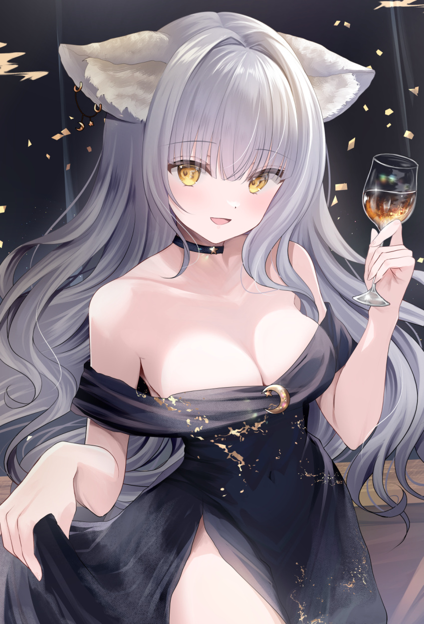 1girl animal_ears backless_dress backless_outfit black_background breasts chalice commission cup dress earrings fox_ears grey_hair highres holding holding_cup indie_virtual_youtuber jewelry kurage_cc large_breasts long_hair makeup multiple_earrings neck_ring open_clothes open_dress open_mouth rouge_(makeup) skeb_commission very_long_hair virtual_youtuber yellow_eyes yuzuriha_aine