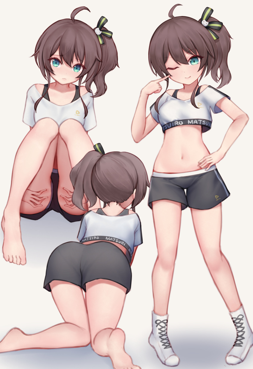 1girl ;) absurdres ahoge all_fours ass barefoot black_shorts black_sports_bra blue_eyes breasts brown_hair cat_hair_ornament crop_top cropped_shirt hair_ornament hand_on_own_hip highres hololive hololive_dance_practice_uniform long_hair looking_at_viewer natsuiro_matsuri navel nokonata off-shoulder_shirt off_shoulder official_alternate_costume one_eye_closed pantylines shirt short_shorts short_sleeves shorts side_ponytail sitting small_breasts smile sports_bra standing virtual_youtuber white_footwear white_shirt