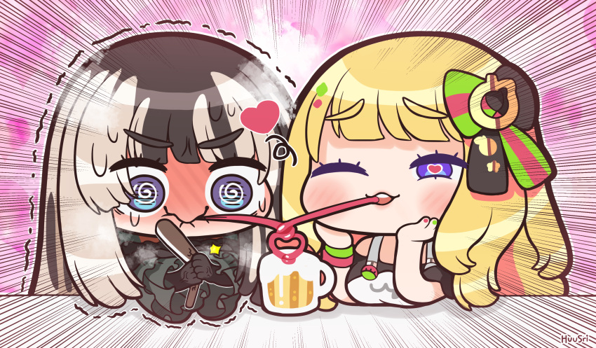 2girls @_@ absurdres aki_rosenthal aki_rosenthal_(gaming_casual) alcohol beer beer_mug black_hair black_shirt blonde_hair blunt_bangs bow chibi commentary crazy_straw cup dress drinking_straw emphasis_lines english_commentary green_dress grey_hair hair_bow heart heart-shaped_pupils heart_straw highres hololive huusri juufuutei_raden long_hair mug multicolored_hair multiple_girls purple_eyes shared_drink shirt streaked_hair symbol-shaped_pupils violet_evergarden virtual_youtuber