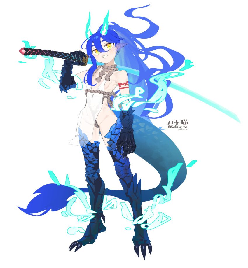 1girl absurdres animal_feet animal_hands arm_tattoo arm_up artist_name blue_fire blue_hair blue_scales breasts claws dragon_girl dragon_horns dragon_tail fiery_hair fire full_body fur-tipped_tail hair_over_shoulder highres holding holding_sword holding_weapon horns katana knifecat long_hair looking_at_viewer monster_girl open_mouth original over_shoulder pelvic_curtain pointy_ears rope scales see-through shimenawa simple_background slit_pupils small_breasts solo standing sword sword_over_shoulder tail tattoo twitter_username very_long_hair weapon weapon_over_shoulder white_background yellow_eyes