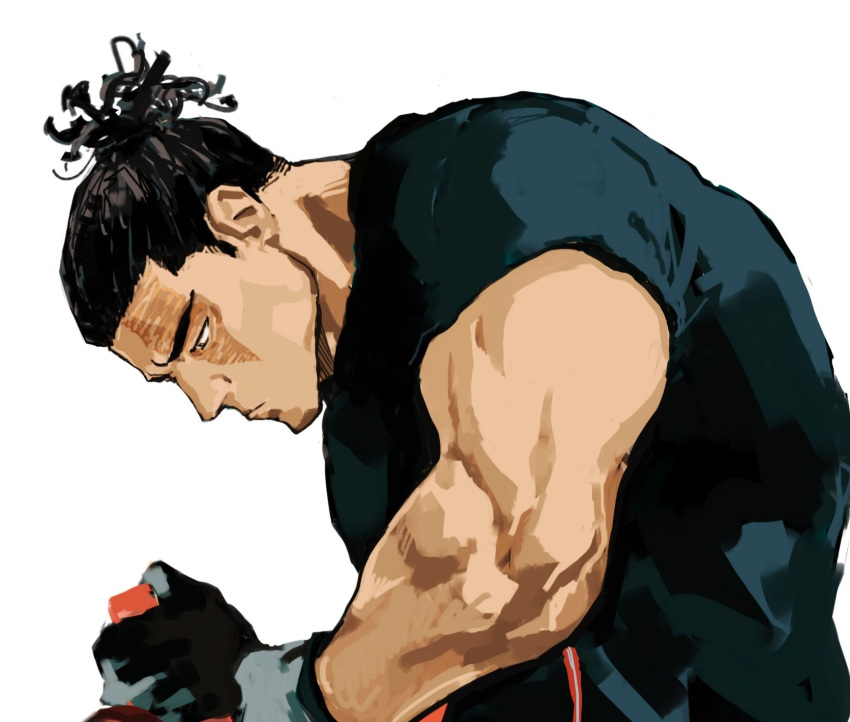 1boy black_hair concentrating gloves highres jujutsu_kaisen looking_down male_focus muscular muscular_male nandemotokasu scar scar_across_eye shirt short_hair sideburns solo t-shirt toudou_aoi_(jujutsu_kaisen) upper_body