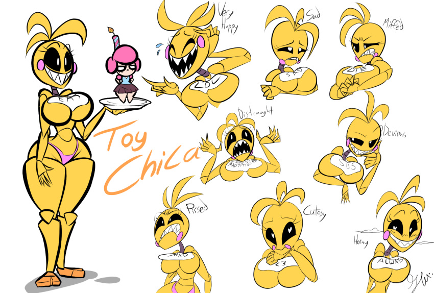 animatronic bib clothing cupcake_(fnaf) emotions female five_nights_at_freddy's five_nights_at_freddy's_2 gloryworm hi_res holding_plate machine model_sheet panties pink_clothing pink_panties pink_underwear robot round_breasts scottgames toony toothy_grin toy_chica_(fnaf) underwear wide_hips