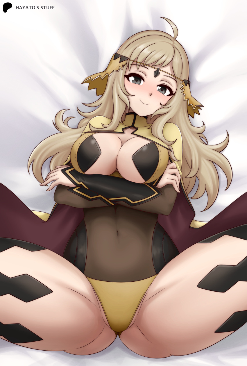 1girl absurdres ahoge black_bridal_gauntlets blush bodystocking breasts bridal_gauntlets circlet closed_mouth crossed_arms fire_emblem fire_emblem_fates gold_cape grey_eyes hayato_stuff highres hip_armor large_breasts looking_at_viewer lying on_back on_bed ophelia_(fire_emblem) panties smile solo spread_legs thick_thighs thighs underwear yellow_panties