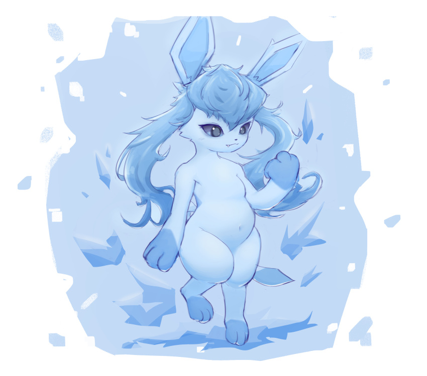 2022 3_fingers 3_toes absurd_res ambiguous_gender anthro anthrofied biped blue_background blue_body blue_ears blue_fur blue_hair blue_inner_ear blue_nose blue_tail border colored cute_fangs digital_media_(artwork) digitigrade eeveelution featureless_chest featureless_crotch feet fingers front_view full-length_portrait fur generation_4_pokemon glaceon gloves_(marking) grey_eyes hair hi_res ice kemono leg_markings long_hair mammal markings monotone_body monotone_ears monotone_fur monotone_tail n2ao navel nintendo nude paws pigtails pokemon pokemon_(species) pokemorph portrait shaded simple_background slightly_chubby snaggle_tooth socks_(marking) solo standing tail toes twintails_(hairstyle) white_border