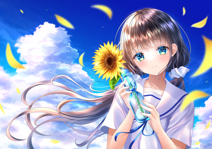 1girl black_hair blue_eyes blush bottle day flower hair_ornament hair_scrunchie highres holding holding_bottle long_hair low_twintails neck_ribbon original petals ramune ribbon school_uniform scrunchie serafuku short_sleeves sky smile solo sunflower twintails upper_body very_long_hair wabi_chazuke wind