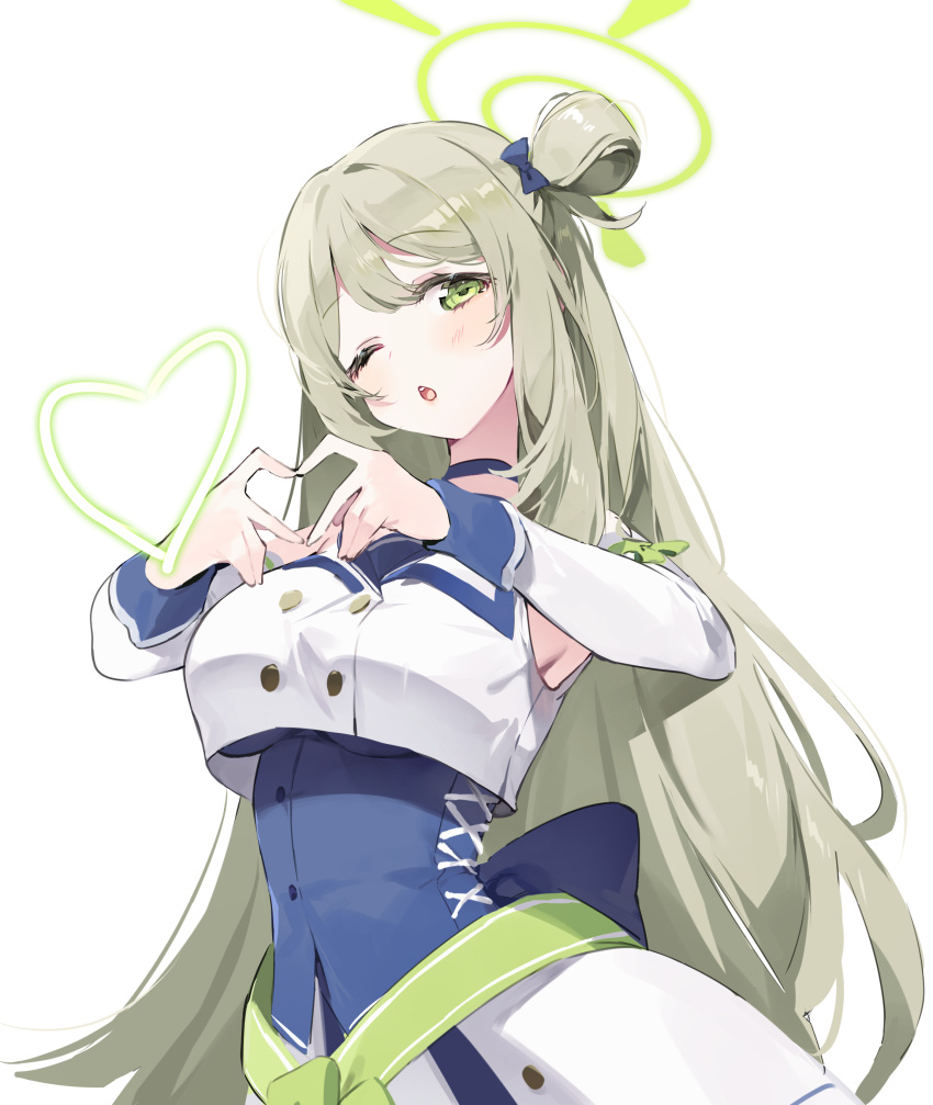 1girl absurdres blue_archive blue_choker blush breasts choker detached_sleeves green_eyes green_halo halo heart heart_hands highres large_breasts light_brown_hair long_hair meunhongcha mischievous_straight_uniform_(blue_archive) nonomi_(blue_archive) official_alternate_costume one_eye_closed open_mouth simple_background solo underboob white_background