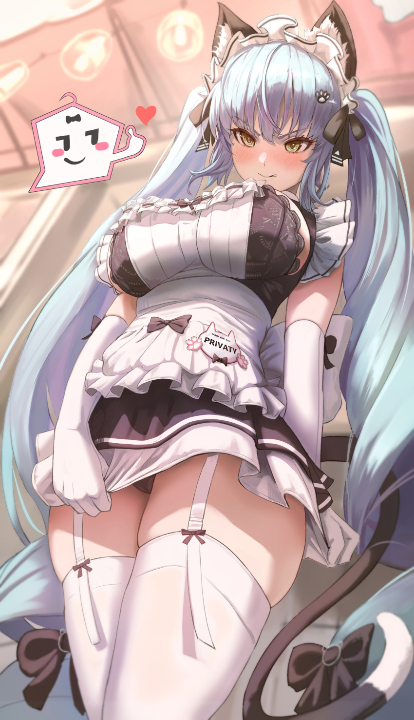 1girl absurdres animal_ear_fluff animal_ears apron black_dress black_panties blue_hair blurry blurry_background blush breasts cat_ears cat_tail center_frills commentary dress elbow_gloves embarrassed english_commentary frills from_below gloves goddess_of_victory:_nikke heart highres jindogod large_breasts long_hair looking_down maid maid_apron official_alternate_costume panties pantyshot paw_hair_ornament privaty_(nikke) privaty_(unkind_maid)_(nikke) short_dress skindentation skirt_hold solo spoken_object tail thick_thighs thighhighs thighs twintails underwear v-shaped_eyebrows very_long_hair white_gloves white_thighhighs yellow_eyes zettai_ryouiki