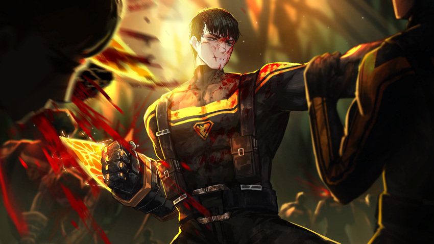 6+boys belt black_belt black_eyes black_hair black_shirt blood blood_on_clothes blood_on_face closed_mouth energy_blade game_cg gauntlets highres limbus_company male_focus meursault_(project_moon) multiple_boys muscular muscular_male nai_ga neck_grab official_art project_moon shirt solo_focus standing strangling