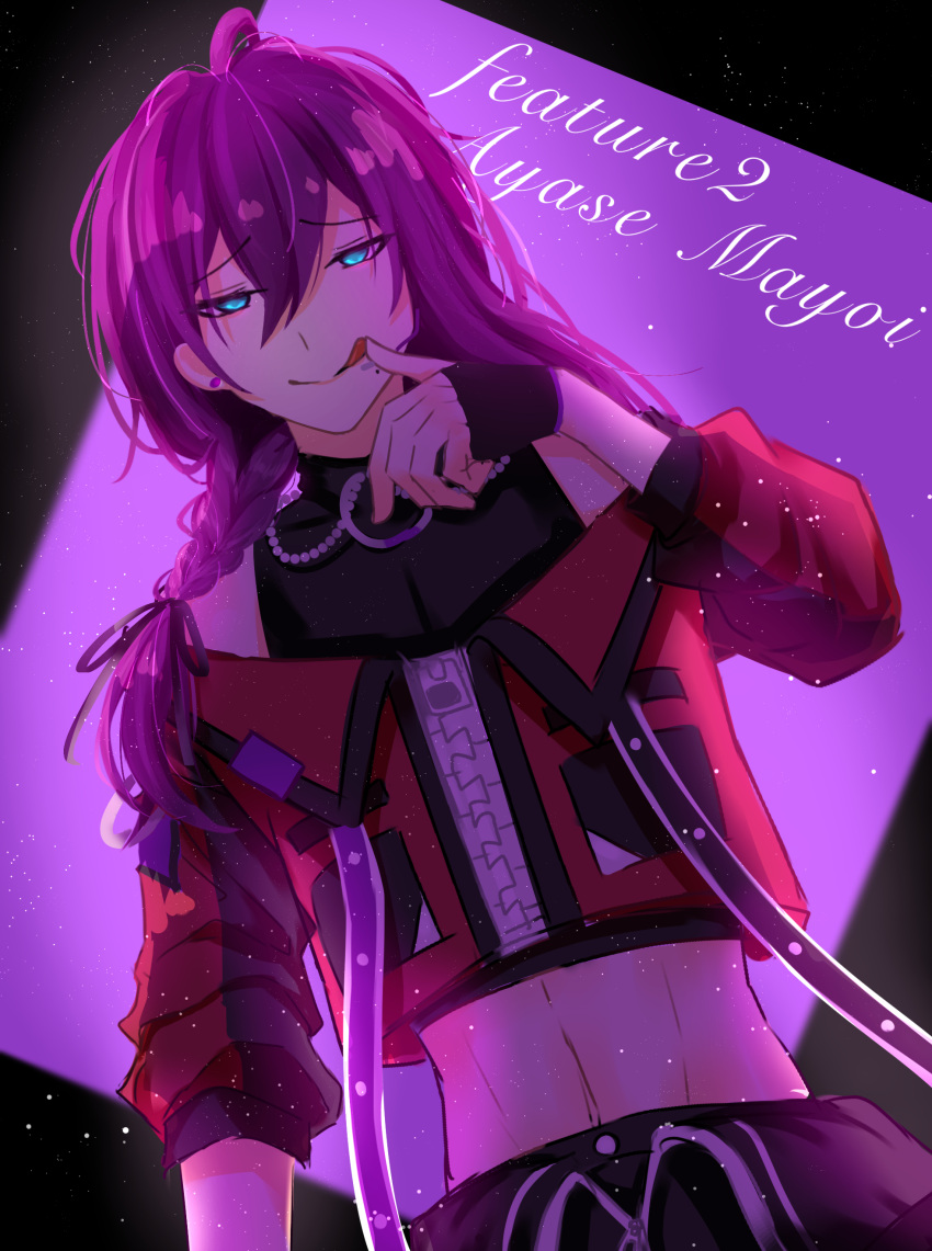 1boy absurdres aqua_eyes ayase_mayoi black_background black_gloves black_pants black_ribbon black_shirt braid character_name crop_top ensemble_stars! fingerless_gloves gloves hair_ribbon highres jacket licking licking_finger long_hair male_focus mole mole_under_mouth multicolored_background off-shoulder_jacket off_shoulder official_alternate_costume pants purple_background purple_hair red_jacket remon_aji_no_ame ribbon shirt solo tongue tongue_out