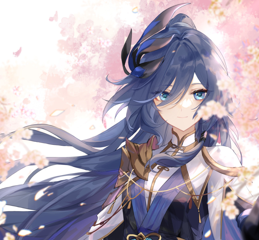 1girl blue_dress blue_eyes blue_hair cape cherry_blossoms closed_mouth dress fu_hua grey_hair high_ponytail highres honkai_(series) honkai_impact_3rd light_smile long_hair long_sleeves looking_at_viewer mangzhi_yaoyao official_alternate_costume ponytail solo upper_body white_cape